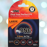 The myONE "Large" Condom Sampler by MyONE features "3 Sizes to Try" for optimal comfort and protection using Sensatex latex. It includes a FitKit measuring tool, offering snugger and wider custom fit options against a bokeh-effect background with soft circular lights.
